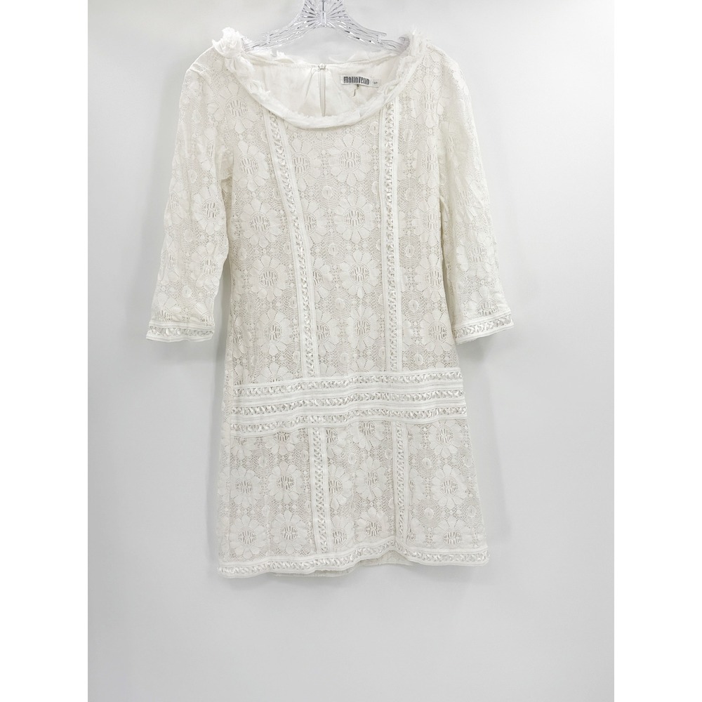 Monoreno White Floral Lace Mini Dress 3/4 Sleeve Frayed Neck Shift Small